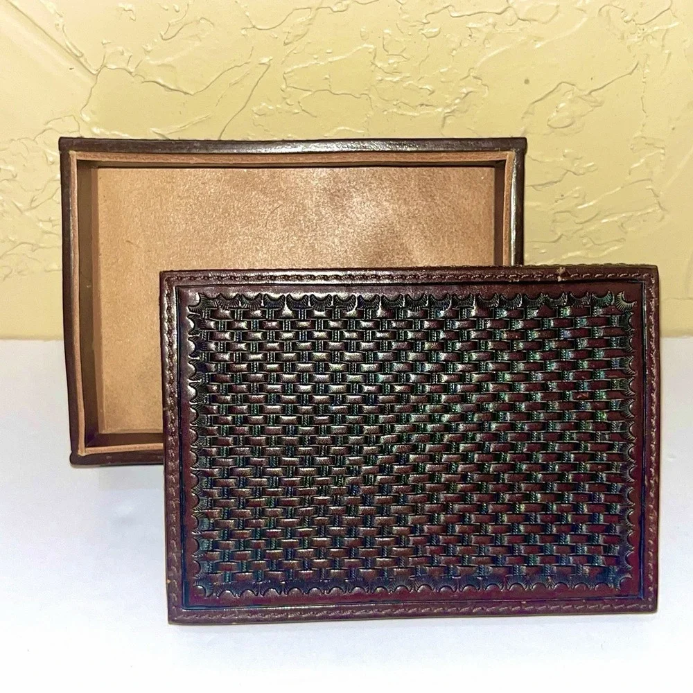 Tooled Leather Basket Weave Trinket Box with Lid Western Office